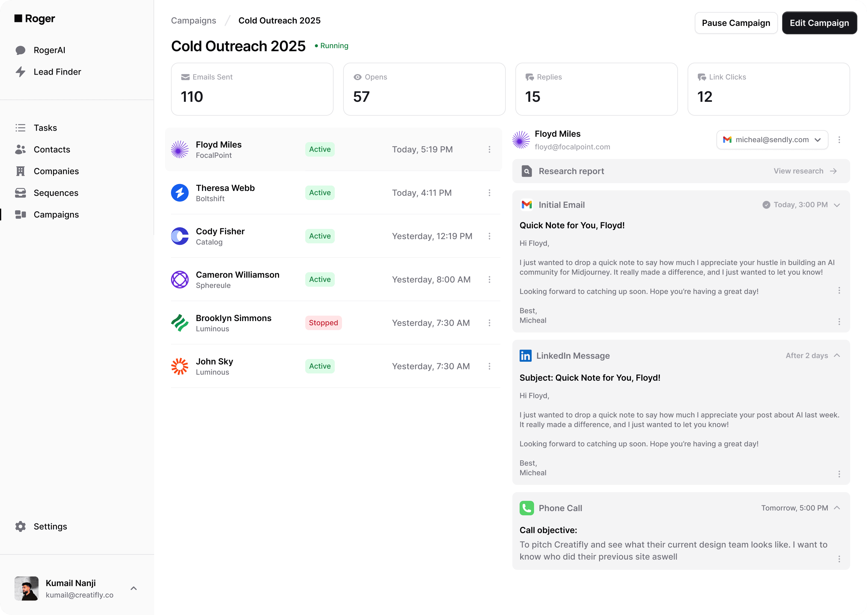 Roger AI sales automation dashboard